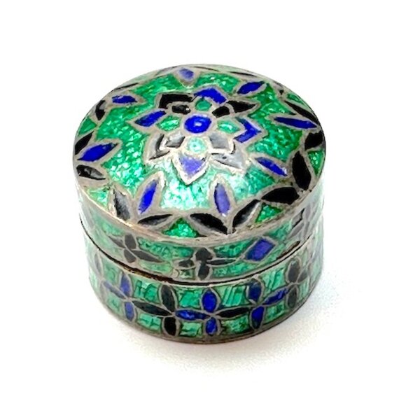 Miniature Sterling Silver & Cloisonné Enamel Box — Turkish Jewel/Pill  Box EUC - Picture 1 of 7